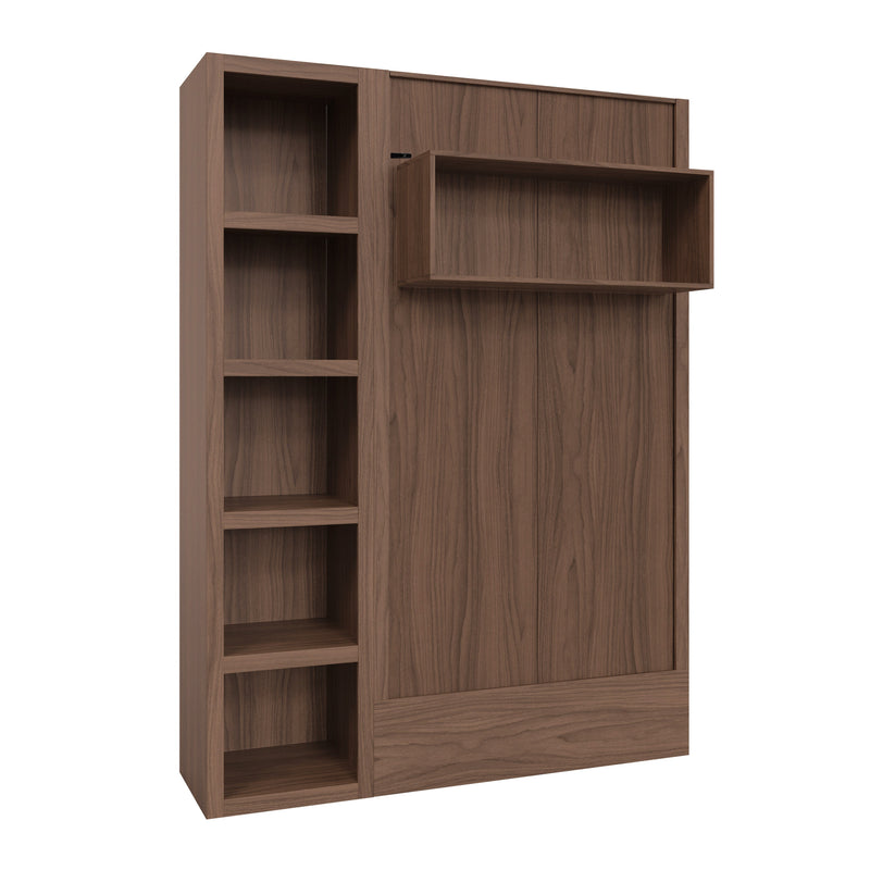 Easy-Lift Twin Murphy Wall Bed in Natural Brown Wood Grain with Bookshelf