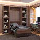 Easy-Lift Twin Murphy Wall Bed in Natural Brown Wood Grain with Two Bookshelves