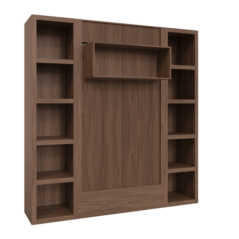 Easy-Lift Twin Murphy Wall Bed in Natural Brown Wood Grain with Two Bookshelves
