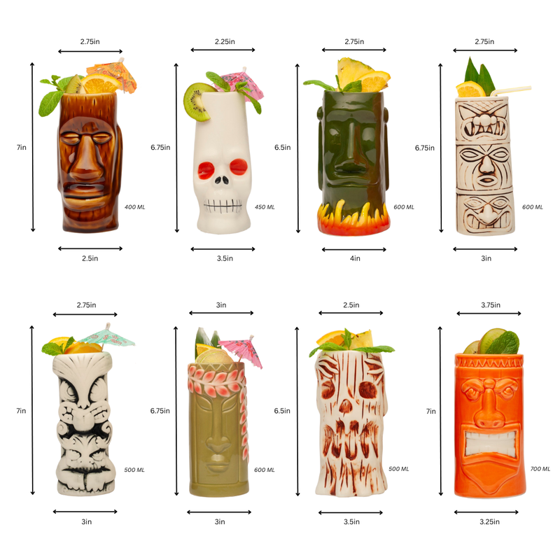 Ceramic Tiki Mugs, Set of 8 - 18-23.5oz - Perfect for Exotic Cocktails, Iced Tea, Soda, Mai Tai, Long Island