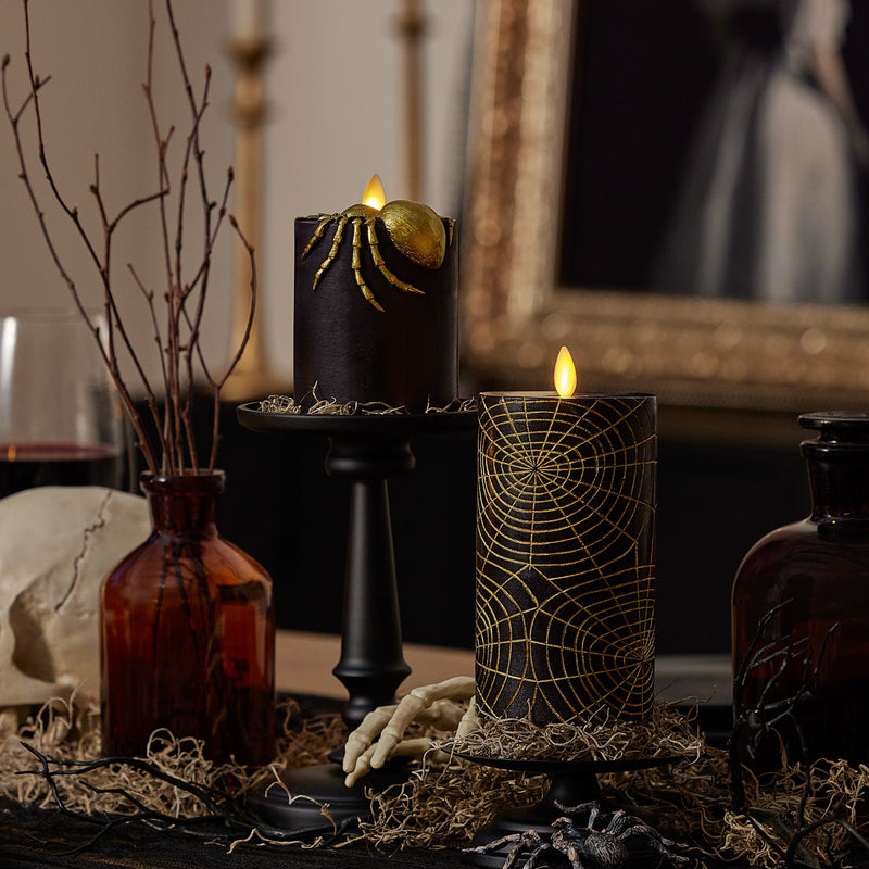 Black and Gold Spider Flameless Candle Pillar