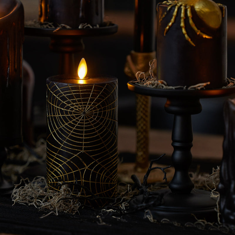 Black and Gold Spider Web Flameless Candle Pillar