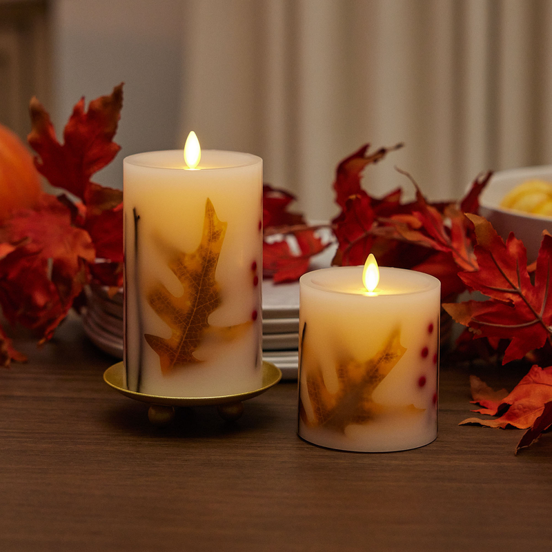 Embedded Fall Leaves & Twigs Flameless Candle Pillar