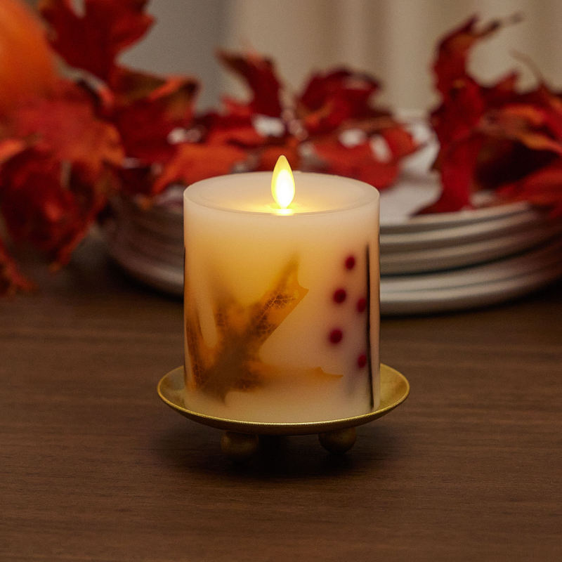 Embedded Fall Leaves & Twigs Flameless Candle Pillar