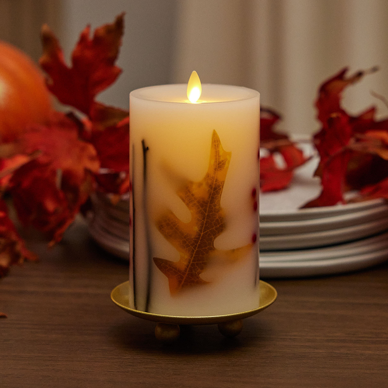 Embedded Fall Leaves & Twigs Flameless Candle Pillar