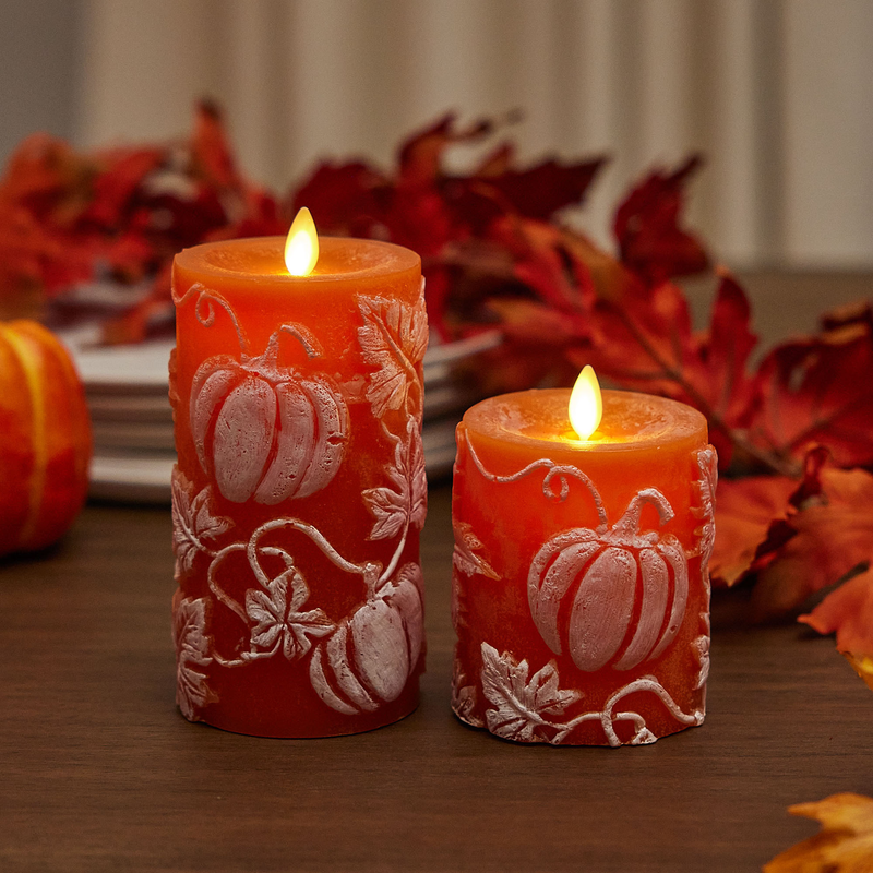 Harvest Pumpkin Embossed Leaves & Pumpkins Flameless Candle Pillar