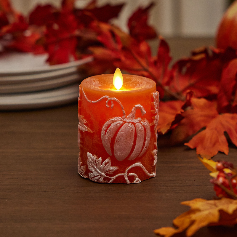 Harvest Pumpkin Embossed Leaves & Pumpkins Flameless Candle Pillar