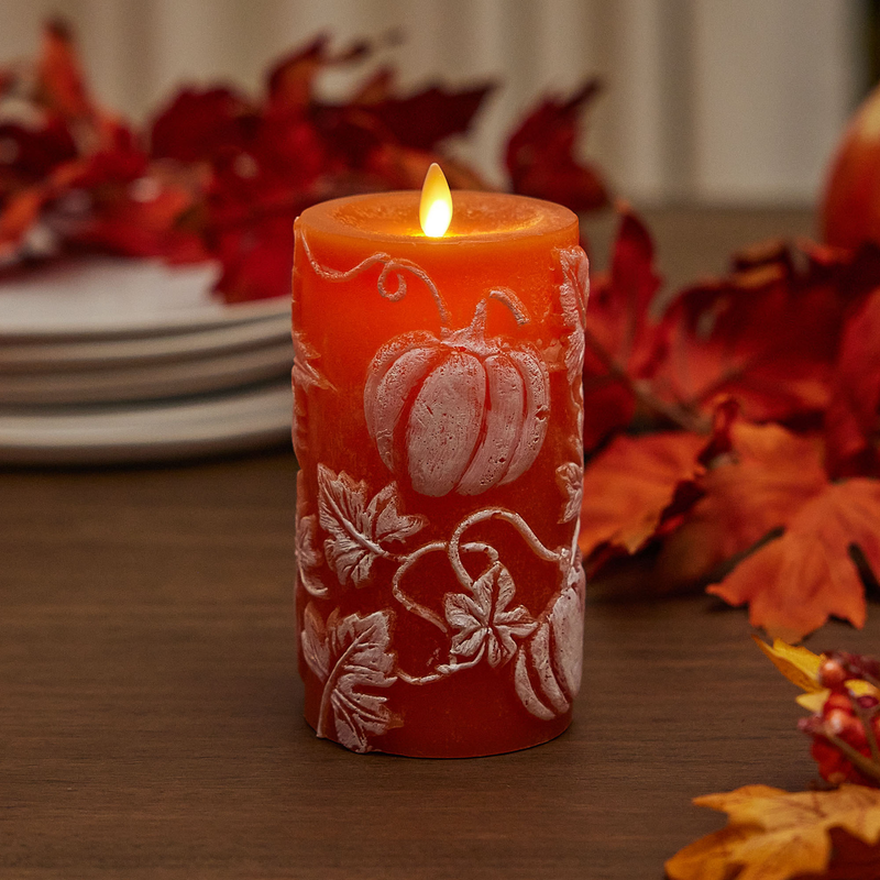 Harvest Pumpkin Embossed Leaves & Pumpkins Flameless Candle Pillar