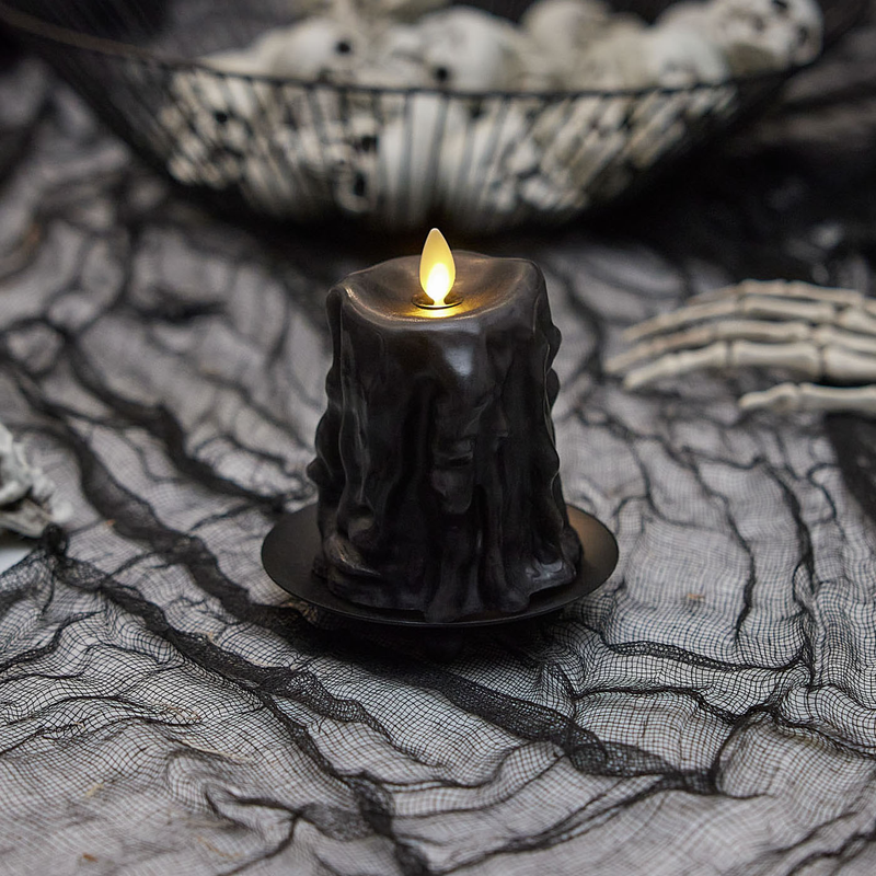 Black Heavy Wax Drip Flameless Candle Slim Pillar