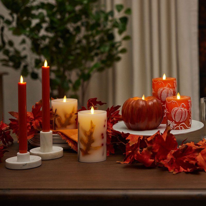 Harvest Pumpkin Embossed Leaves & Pumpkins Flameless Candle Pillar