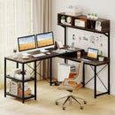 L-Shaped Computer Desk with Power Outlets 62 Inches Corner Desk with Storage Hutch-Brown by LJGDeals