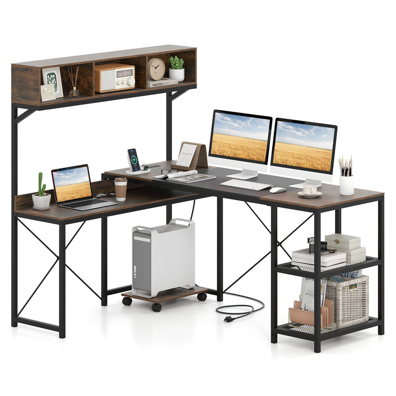 L-Shaped Computer Desk with Power Outlets 62 Inches Corner Desk with Storage Hutch-Brown, photo 3 of 8