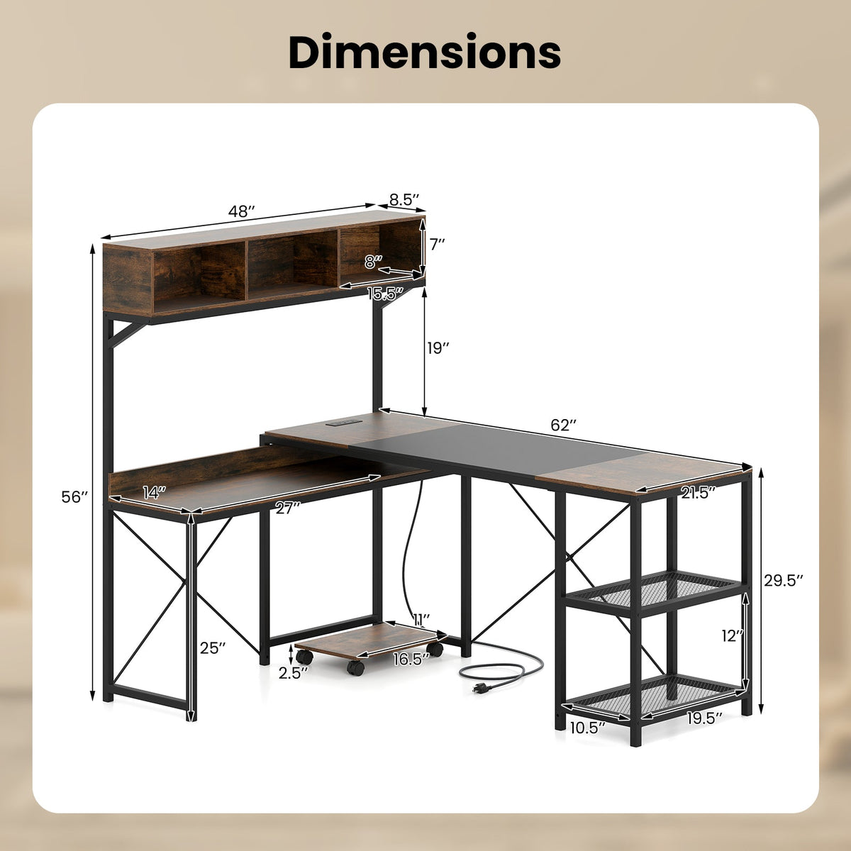L-Shaped Computer Desk with Power Outlets 62 Inches Corner Desk with Storage Hutch-Brown, photo 5 of 8