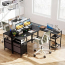 L Shaped Desk with Power Outlet Reversible Computer Desk with Monitor Stands by LJGDeals