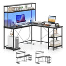 L-Shaped Reversible Gaming Desk with LED Strip and Power Outlets Hutch Monitor Stand