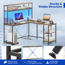 L-Shaped Reversible Gaming Desk with LED Strip and Power Outlets Hutch Monitor Stand-Rustic Brown