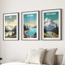 Set of 3 Travel Prints. Banff, Lake Tahoe, Mount Rainier Posters by Wall Art Set