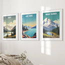 Set of 3 Travel Prints. Banff, Lake Tahoe, Mount Rainier Posters by Wall Art Set
