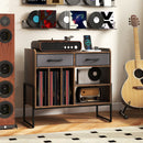 Large Record Player Stand with Charging Station Mid Century Modern Vinyl Storage Cabinet