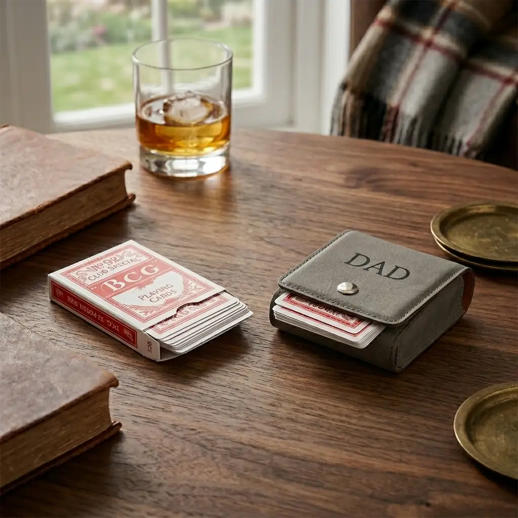 Leatherette Playing Cards Case, Grey 3.75", installed in a room