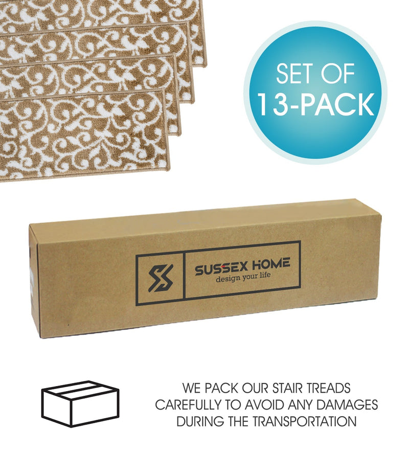 Stair Treads Rug 9"x28" Leaves Collection | Beige & White