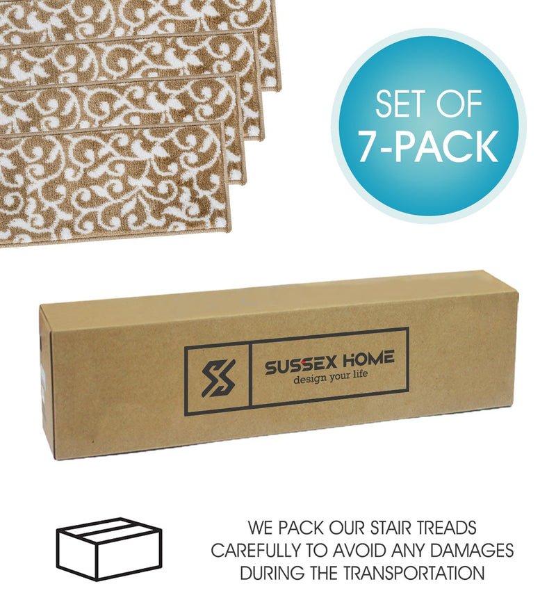 Stair Treads Rug 9"x28" Leaves Collection | Beige & White