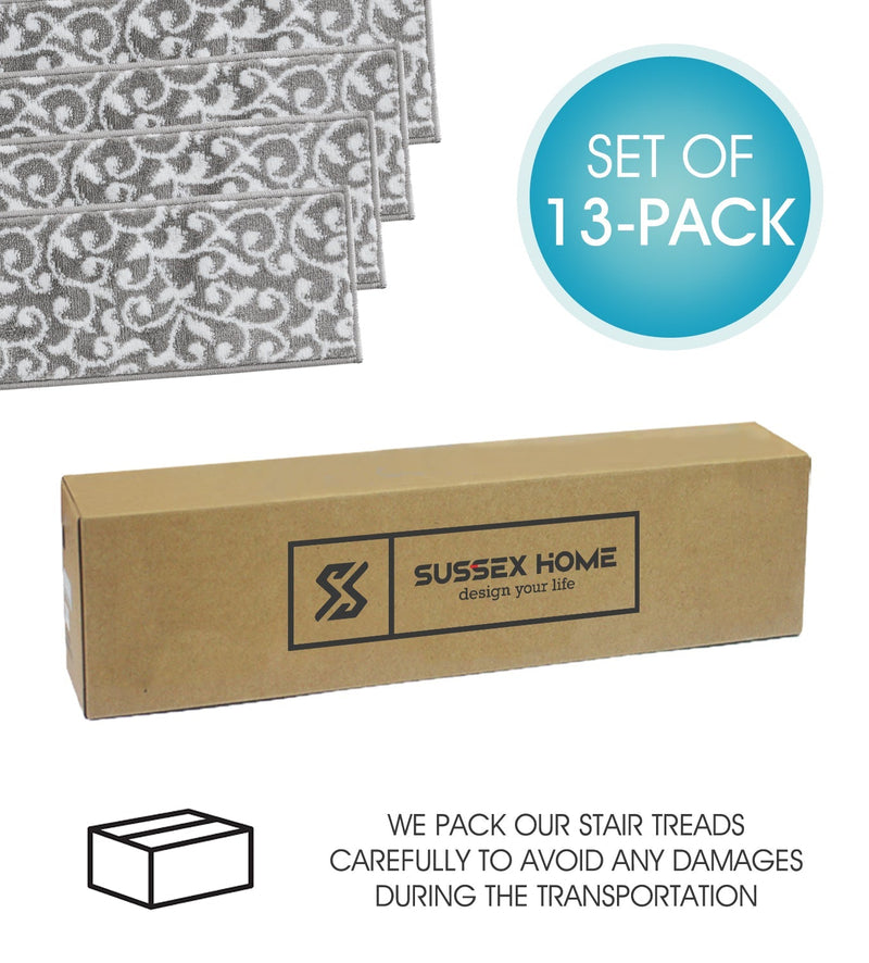 Stair Treads Rug 9"x28" Leaves Collection | Gray & White