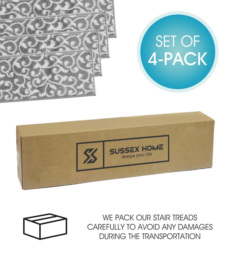Stair Treads Rug 9"x28" Leaves Collection | Gray & White
