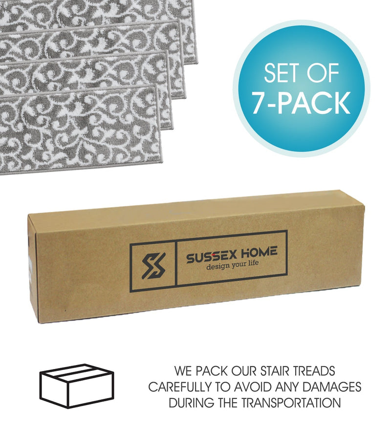 Stair Treads Rug 9"x28" Leaves Collection | Gray & White