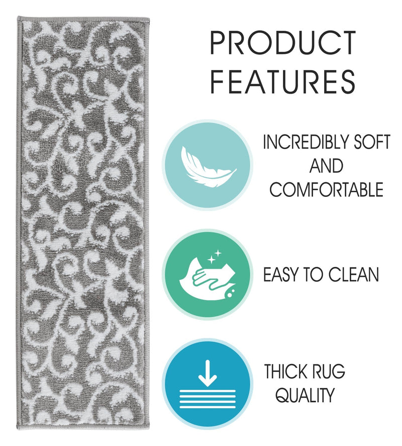 Stair Treads Rug 9"x28" Leaves Collection | Gray & White