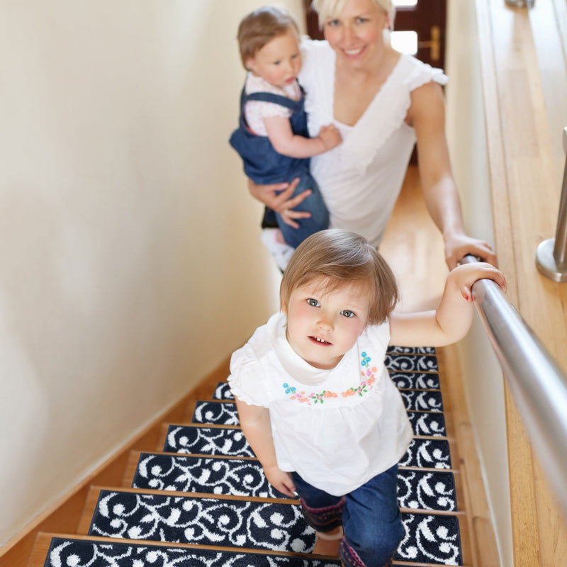 Stair Treads Rug 9"x28" Leaves Collection | Navy-White