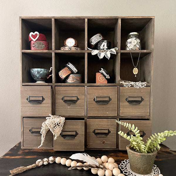 Vintage Inspired Library Card Cubby Cabinet with Drawers