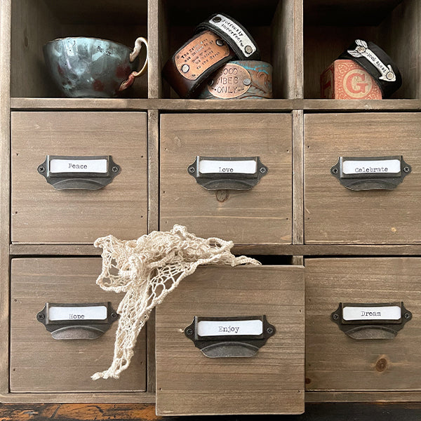 Vintage Inspired Library Card Cubby Cabinet with Drawers