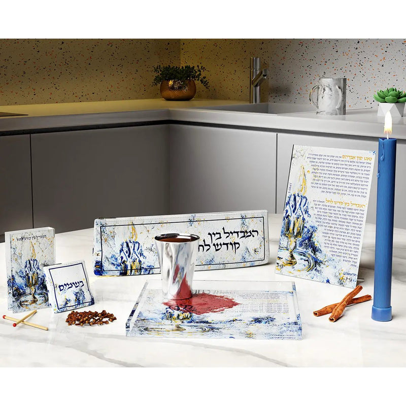 Leather Artwork Havdalah Set - Midnight Blue, installed in a room