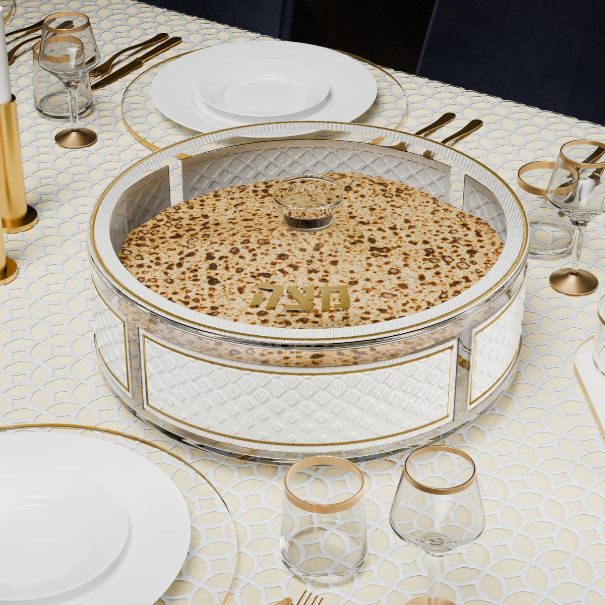 Diamond Leatherite Round Matzah Box, installed in a room