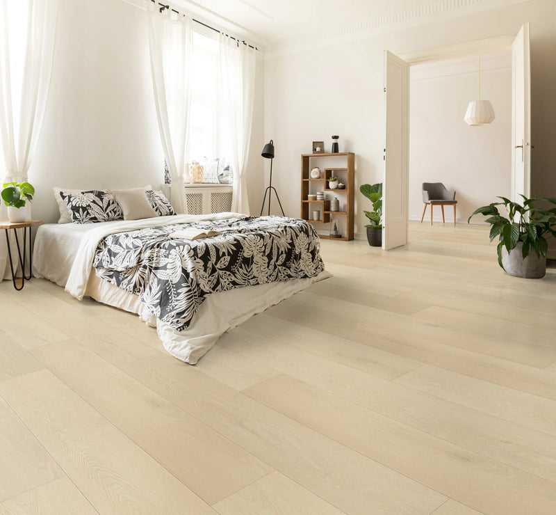 Light Beige Micro Bevel Matte 9.25"x60" Waterproof Laminate Flooring 12mm - Linea