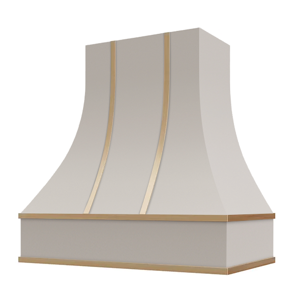 Light Grey Range Hood With Curved Front, Brass Strapping and Block Trim - 30", 36", 42", 48", 54" and 60" Widths Available