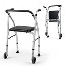Lightweight Aluminum Mobility Walker for Seniors with 2 Wheels 5-Level Adjustable Height and Padded Seat by LJGDeals