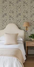 Linen Block Print Floral Stripe - Vintage Inspired Botanical Wallpaper