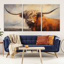 Longhorn Highland Cow Canvas Wall Art Print – Rustic