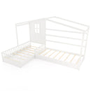 L-shaped Double Twin Beds House Platform Beds with Fences Corner Bed Frame-White