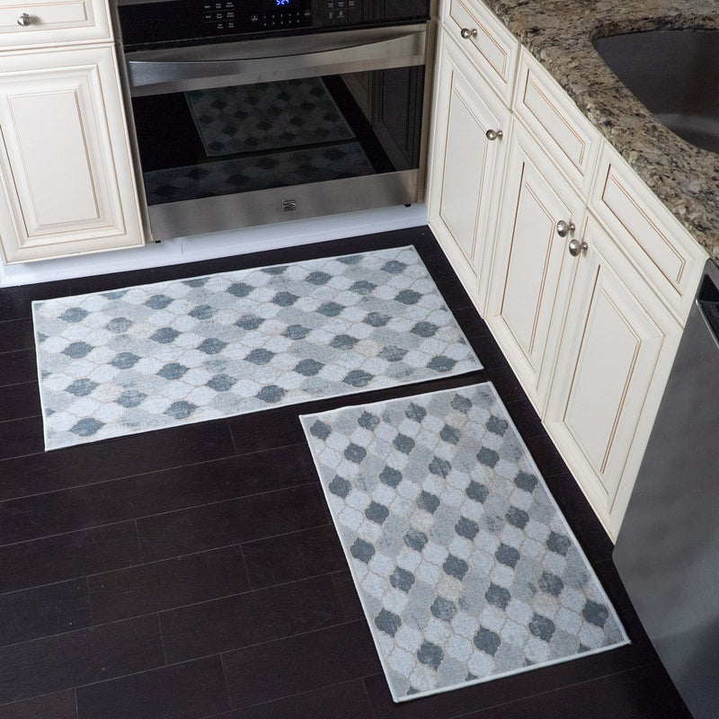 Moroccan Design Non Skid Washable Kitchen Runner Rugs Set of 2| 44 x 24 and 31.5 x 20 Inches Floor Mats |Beige&Gray