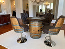 Whiskey & Wine Barrel Bar Set — Liquor Cabinet, Pub Table & Stools, Multi-Use Build
