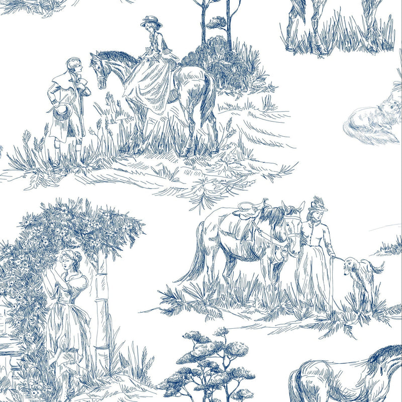 Classic Blue French Toile Wallpaper - Elegant Countryside Wallcovering