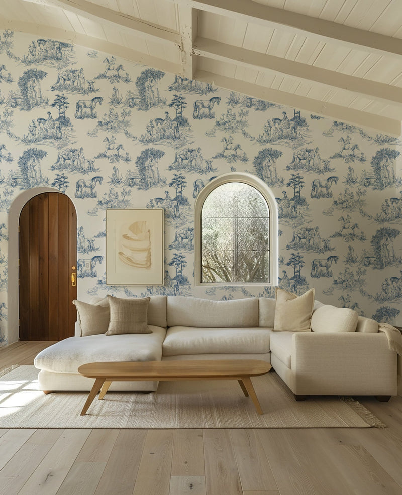 Classic Blue French Toile Wallpaper - Elegant Countryside Wallcovering