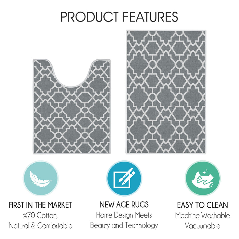 Geometric Graphic Design 2 Piece Bathroom Rugs Set | Gray
