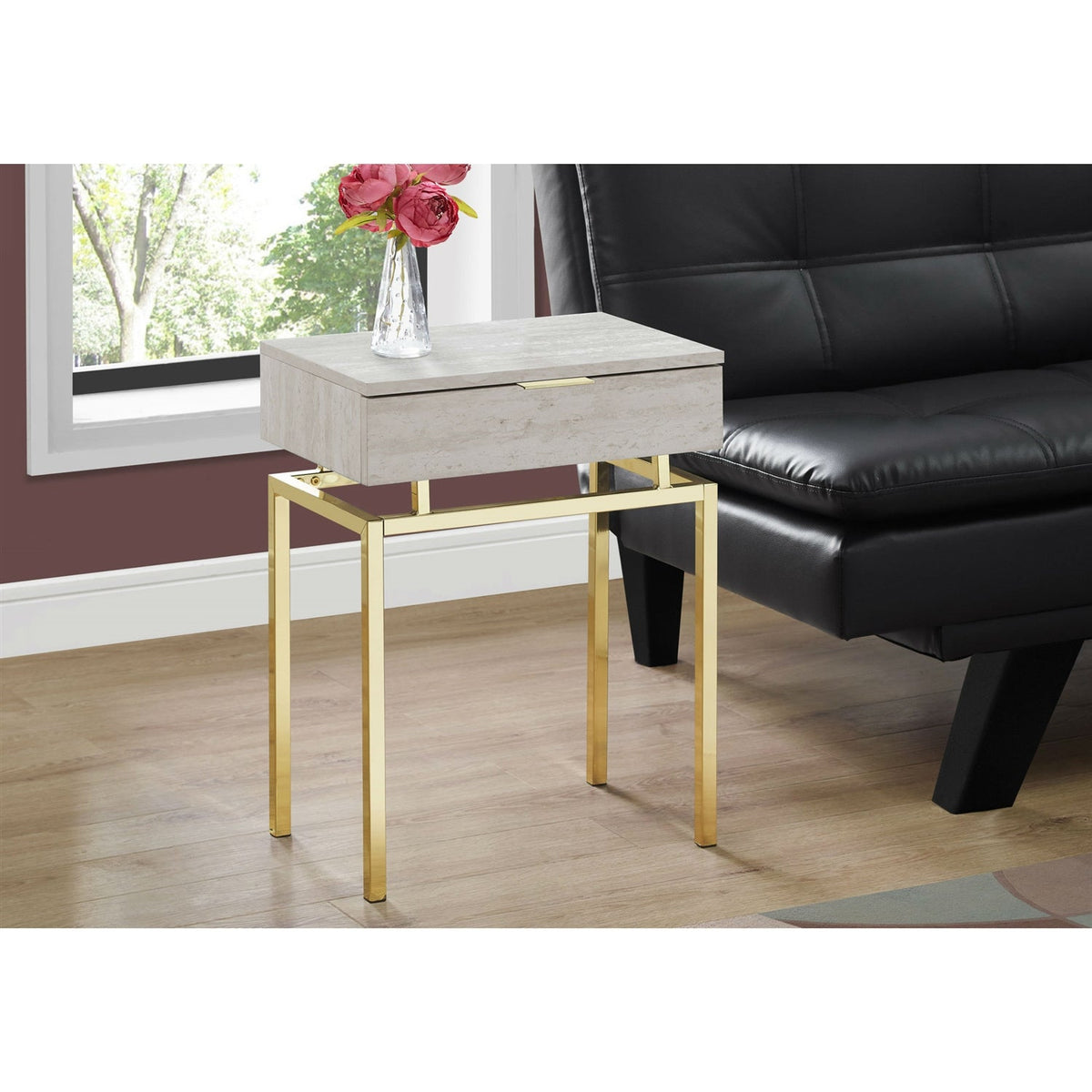 24in Modern End Table 1 Drawer Nightstand Beige Marble Gold Legs, photo 2 of 3