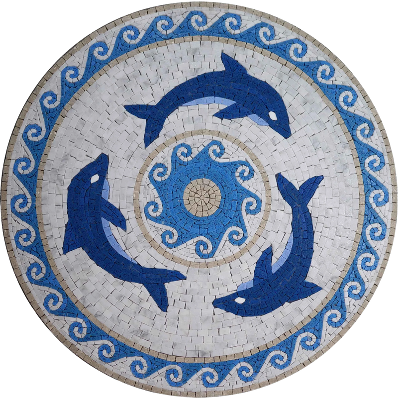 Dolphins Medallion Mosaic Marble Art