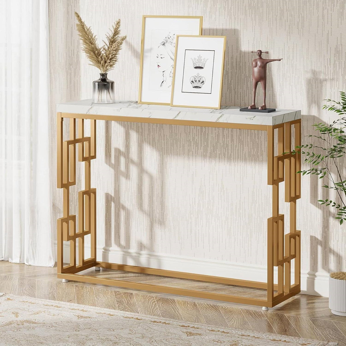 42-inch Modern Console Sofa Table with White Faux Marble Top and Gold Frame, photo 3 of 5