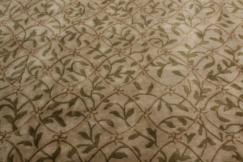 8x10 Tone on Tone Green Hand Knotted Transitional Tibetan Wool Oriental Area Rug